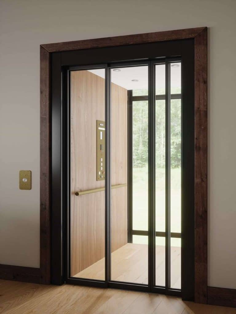 Modern Savaria Infinity Glass Elegance Home Elevator with Wooden Interior and Open Doors.