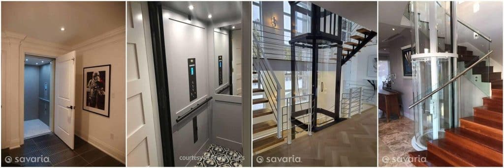 A collage of four residential elevator designs, varying from traditional to modern styles, including glass and cylindrical models.