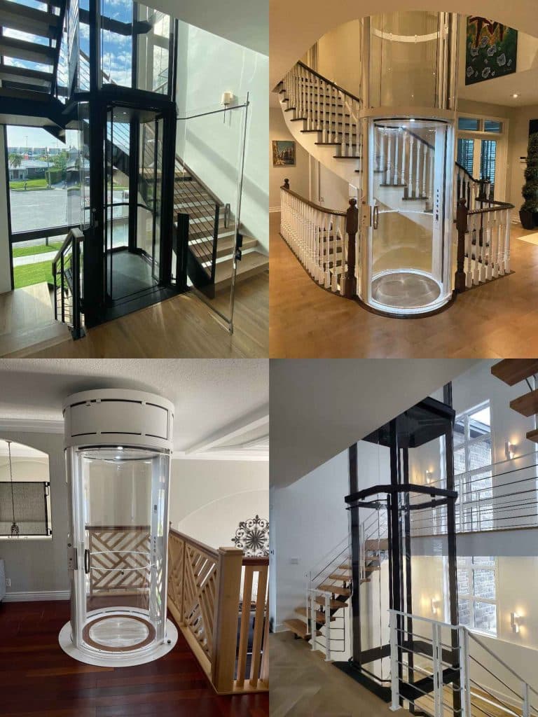 Collage of four Savaria Vuelift Mini panoramic glass elevators installed in modern homes, showcasing sleek design and integration with staircases.