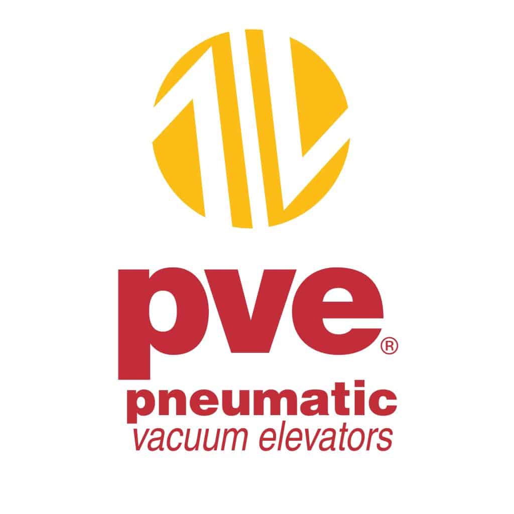 Logo for "pve pneumatic vacuum elevators" with a yellow circular design above the text.