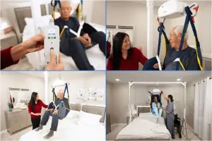 A collage of Four scenes Handicare AP Series elevator system being used to assist elderly individuals in a bedroom setting. One scene shows a caregiver with a remote control, while others show a happy elderly man being assisted and another woman being lifted.