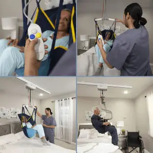A healthcare worker uses a control to assist a patient in a sling Handicare C-Series Lifts system in a bedroom setting, with panels showing different stages of the lifting process.