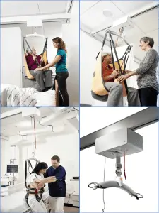 Four-panel image depicting Guldmann GH3 Ceiling Lift System in a healthcare setting, showing caregivers assisting elderly and young patients using a ceiling-mounted lift system.