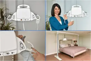 A collage of a white ceiling-mounted Savaria PL Portable Lift system, featuring a close-up of the device, a woman demonstrating its use, a hand adjusting a hook, and the lift system installed above a bed in a bedroom.